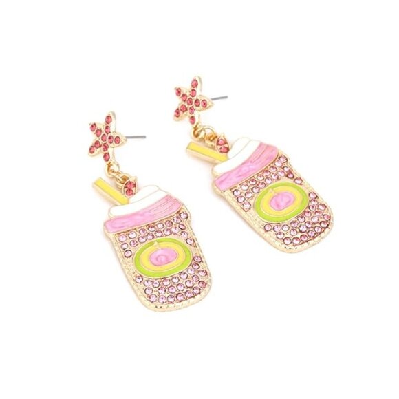 Crystal Rhinestone Boba Bubble Tea Cup Statement Earrings NEW - Picture 3 of 4